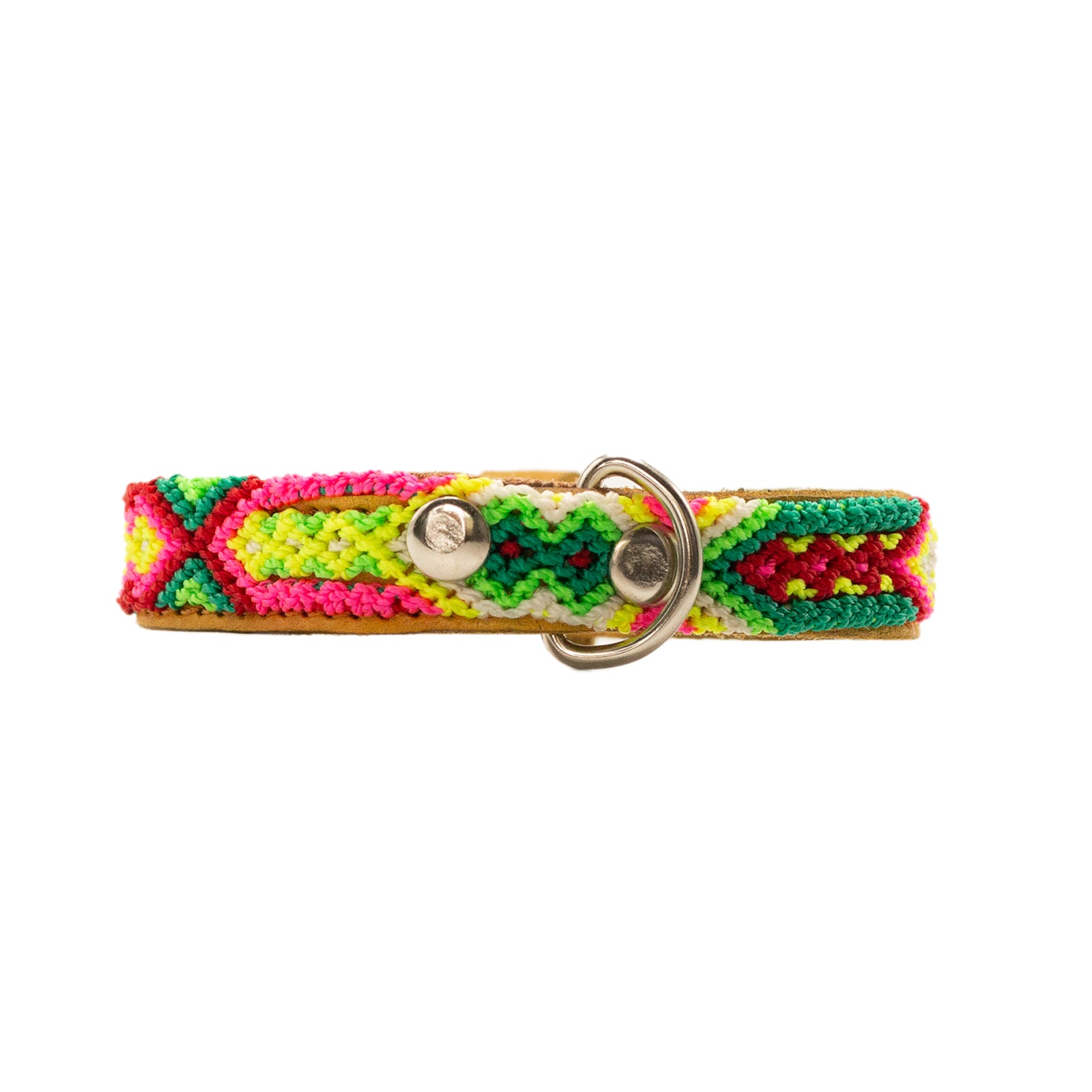 Artisanal leather collar featuring vibrant handwoven patterns