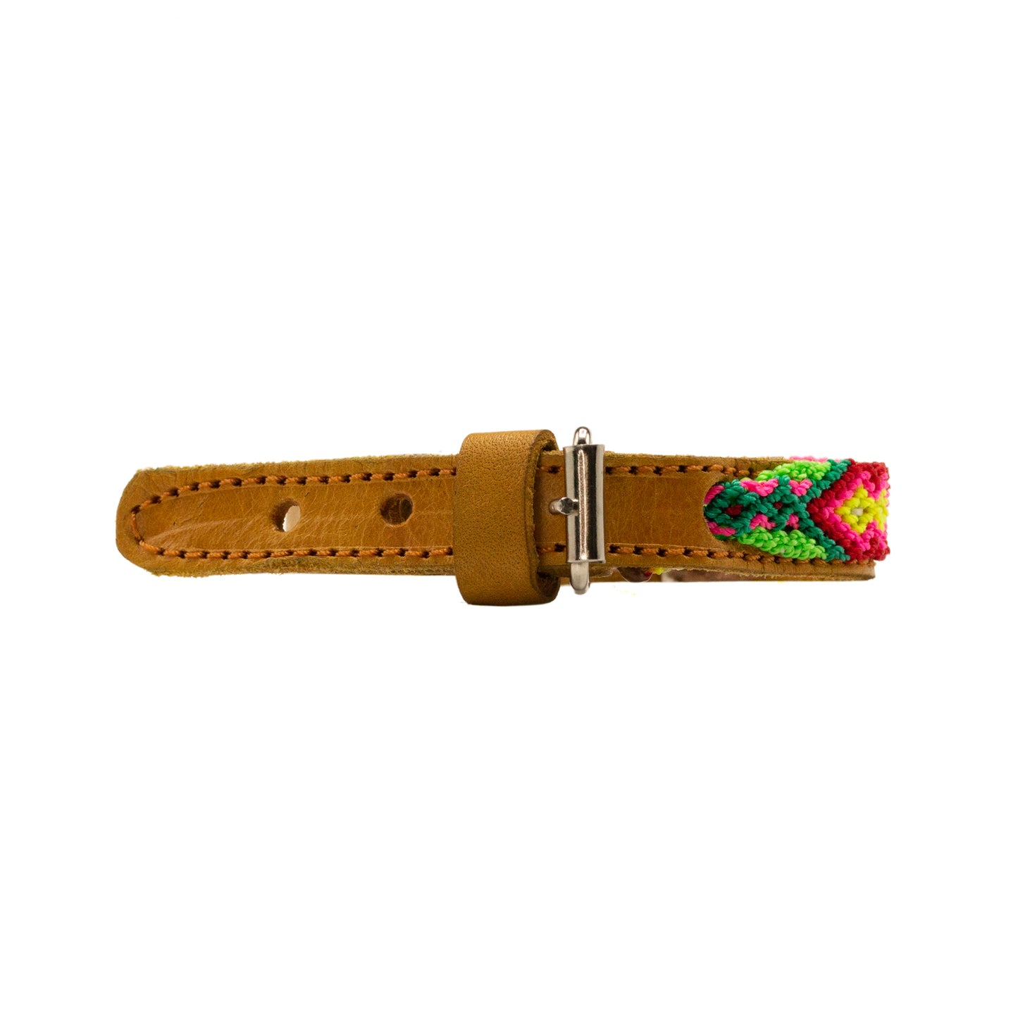 Artisanal leather collar featuring vibrant handwoven patterns