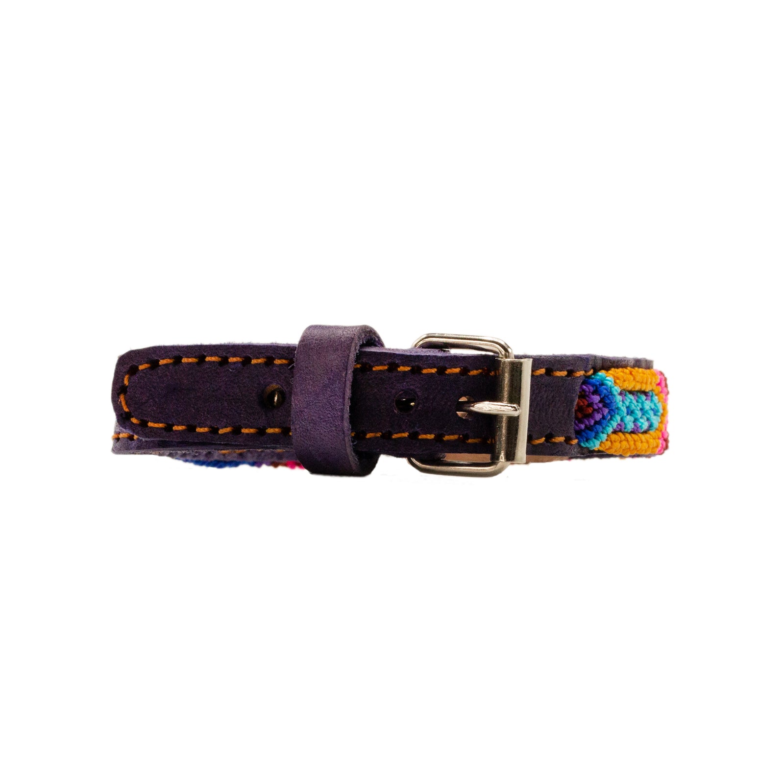 Artisanal leather collar featuring vibrant handwoven patterns