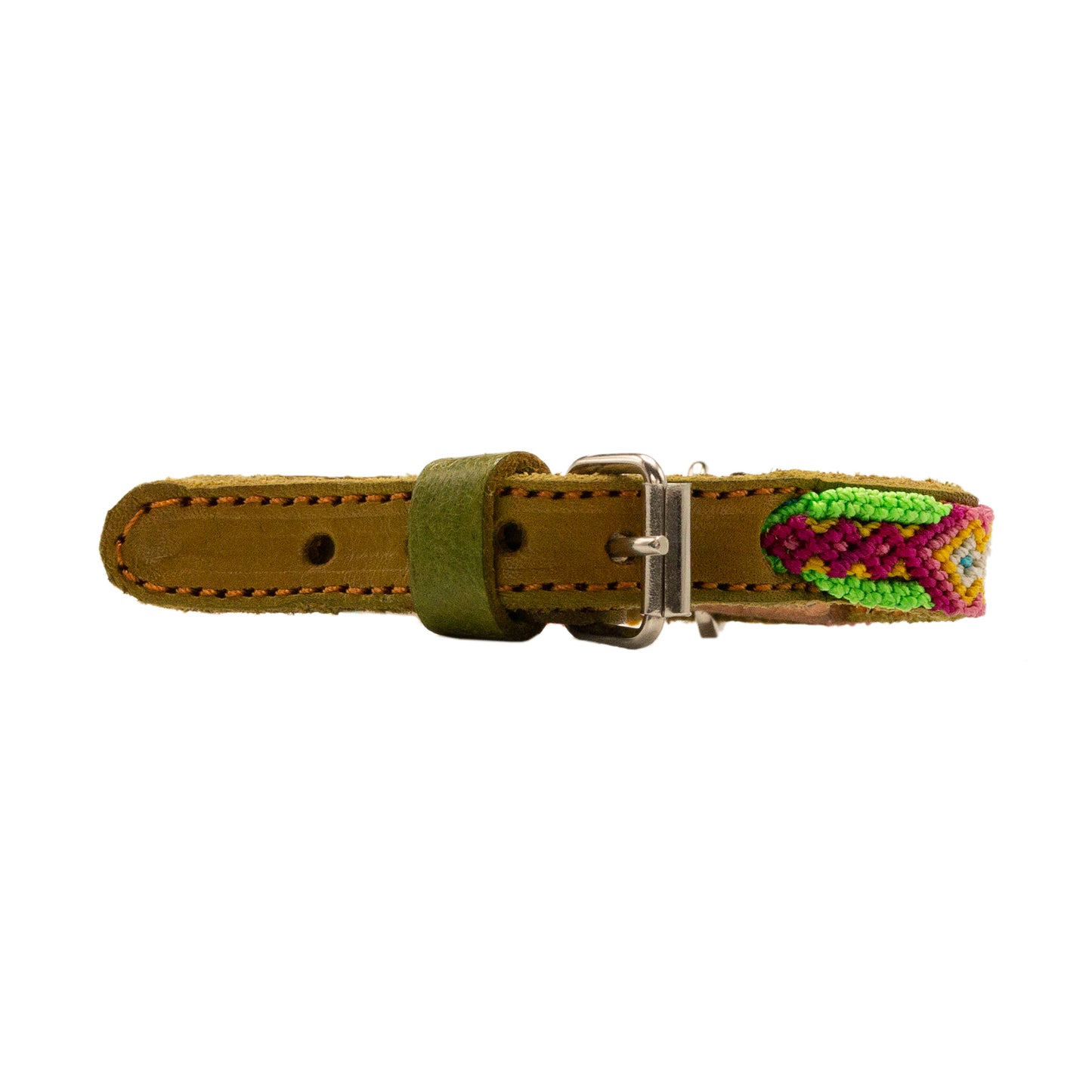 Mexican-inspired artisan pet collar crafted with leather and silk thread