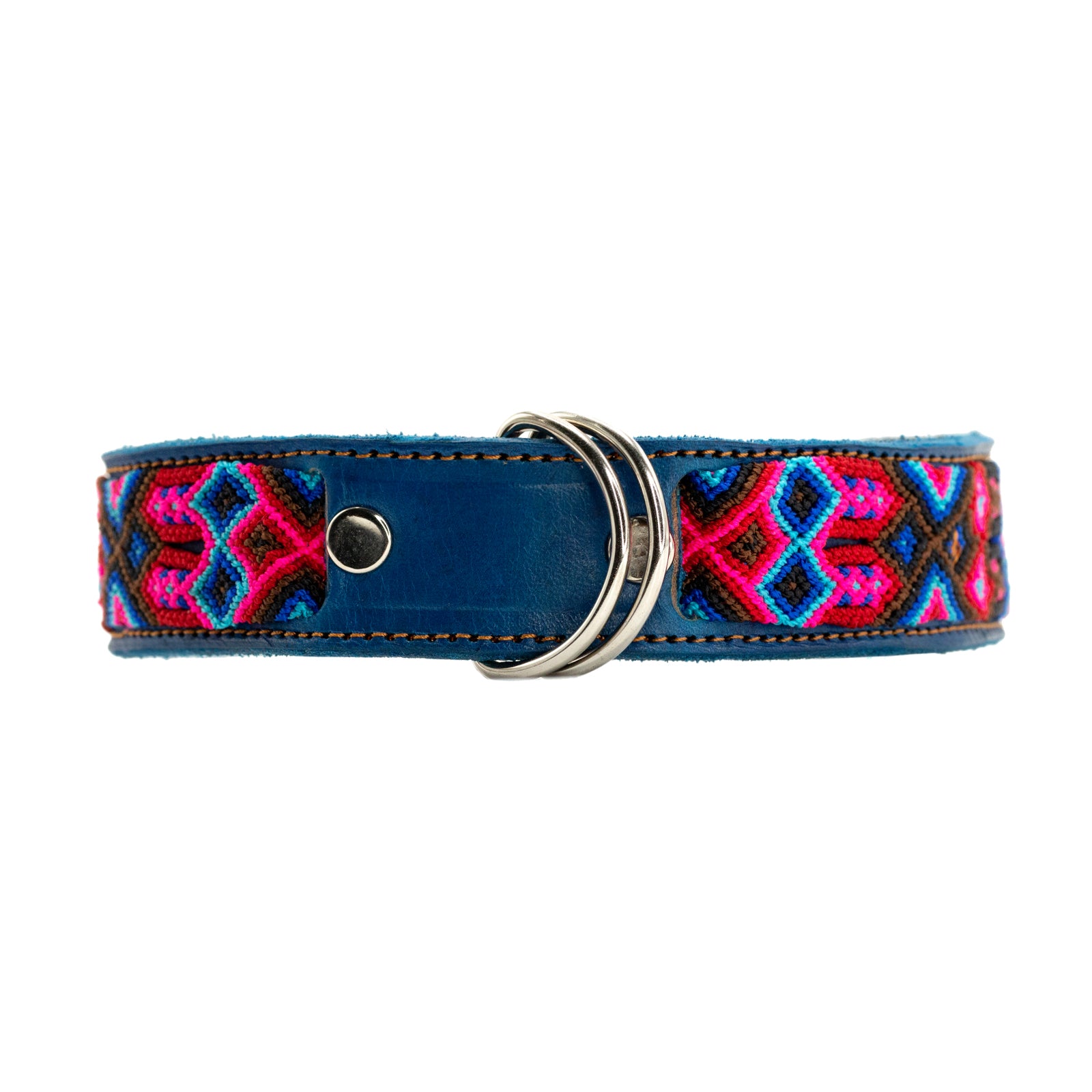 Vibrantly colored silk thread weaving on a handmade leather collar