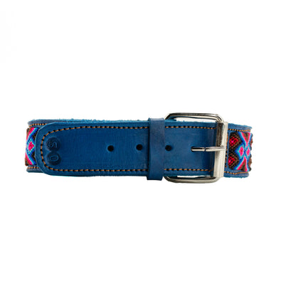 Vibrantly colored silk thread weaving on a handmade leather collar