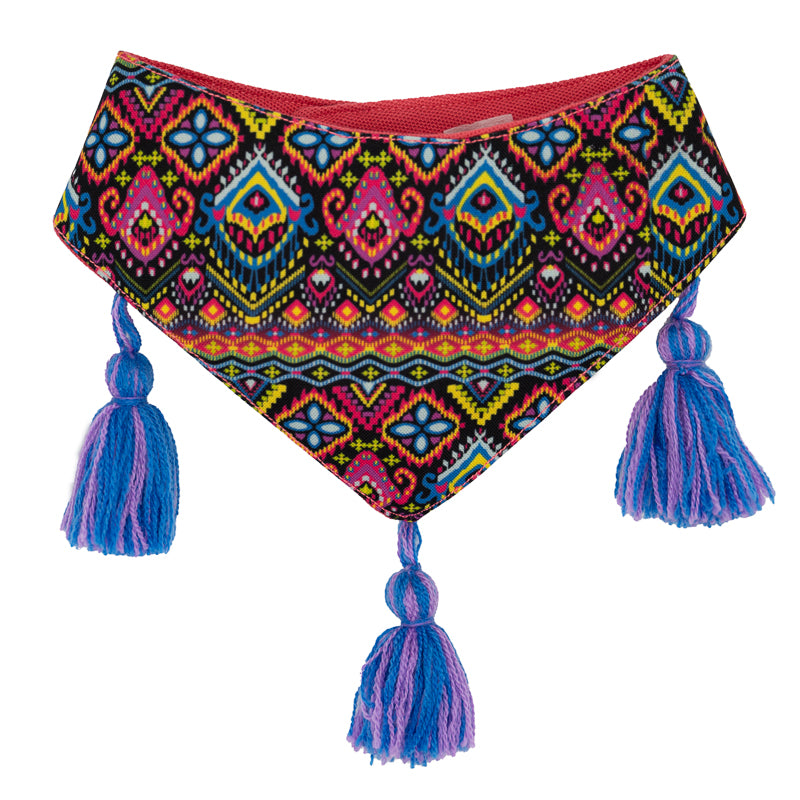 Chic dog bandana with a stylish mix of colorful patterns.